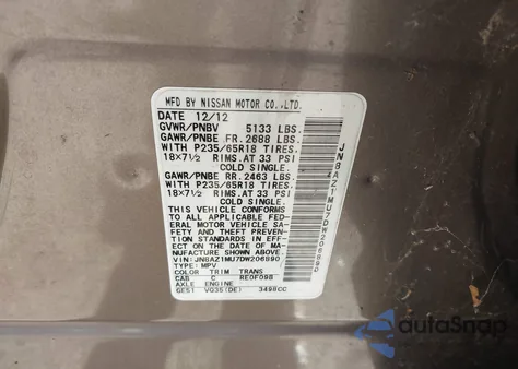 2013 Nissan Murano Sl из США, поврежденный, VIN JN8AZ1MU7DW206890